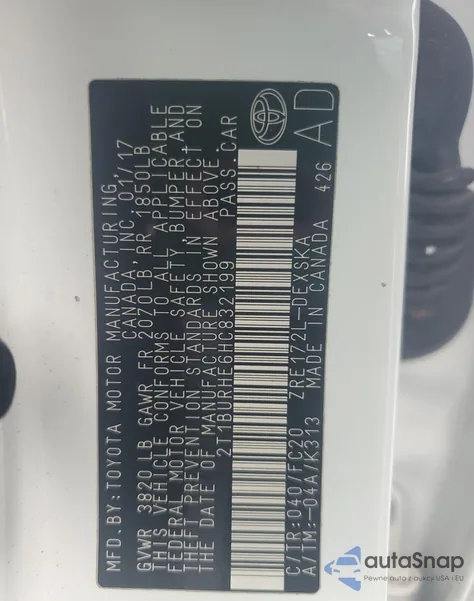 2017 Toyota Corolla L from USA, damaged, VIN 2T1BURHE6HC832199